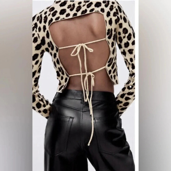 Zara Jacquard Knit Leopard Animal Patten Print Sweater Backless Size Large L NWT - Picture 1 of 8
